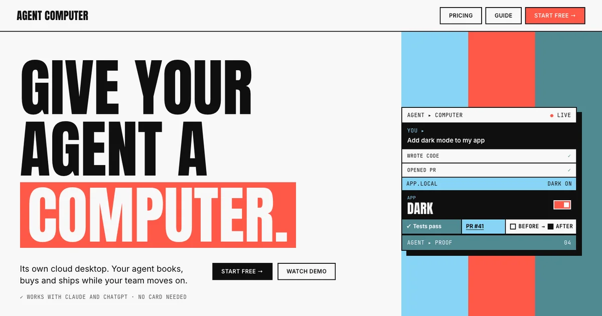 Agent Computer homepage with examples of completed AI tasks.
