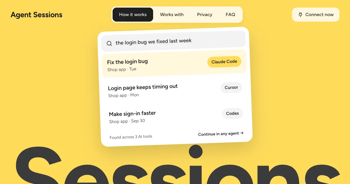 Agent Sessions finding related conversations across AI coding tools.