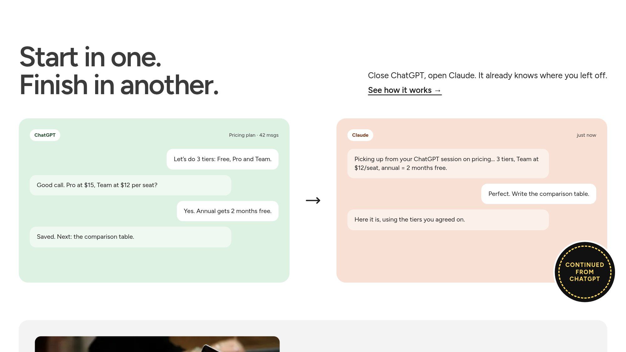 A pricing chat in one AI, picked up in another with the tiers already agreed.