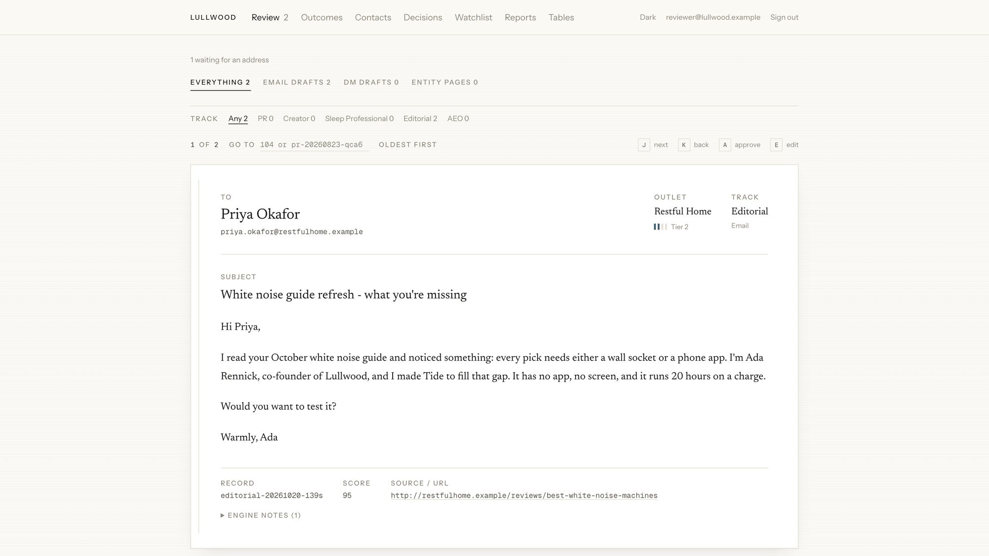A drafted pitch waits in the review queue. Nothing has been sent.